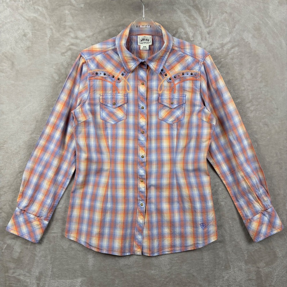 Ariat Womens M Orange Purple Plaid Shirt Studded Embroidered Western Pearl Snap